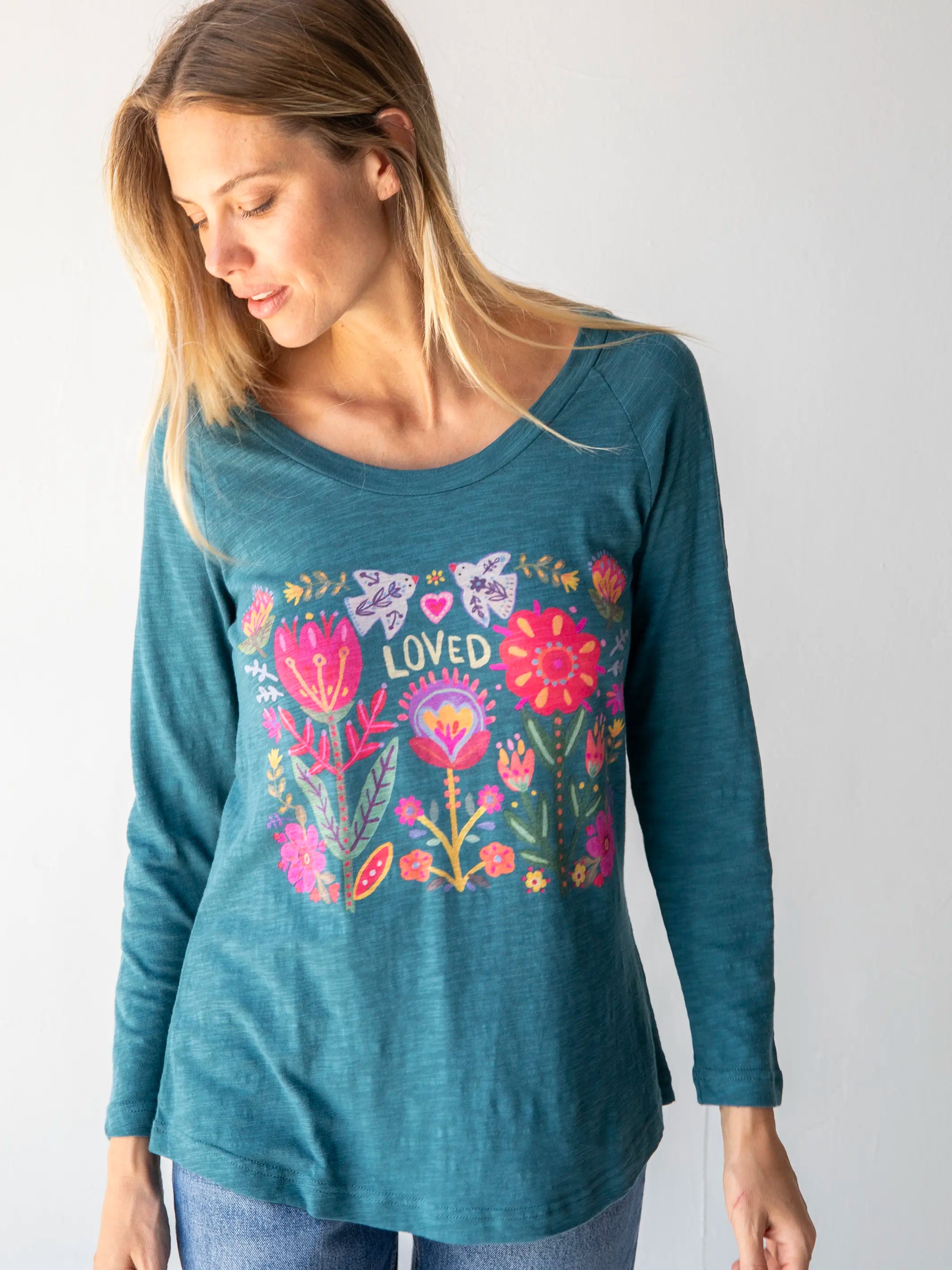 Long Sleeve Boho Cotton Tee Shirt - Loved Teal