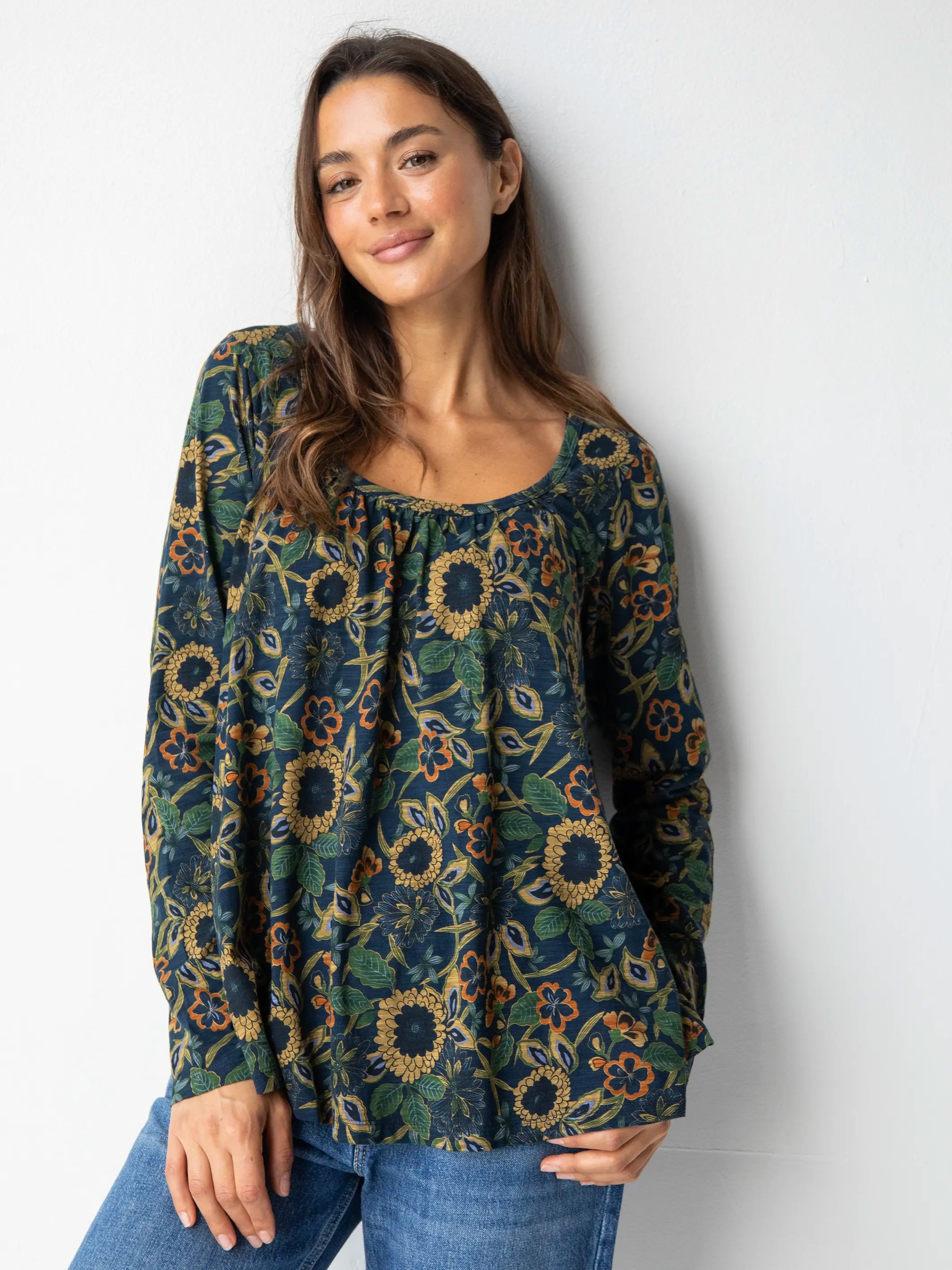 Plus Size Women's Sequined Sweaters for Special OccasionsLong Sleeve Iris Top - Navy Tan Dahlias Plus Size Women's Sequined Sweaters for Special OccasionsLong Sleeve Iris Top - Navy Tan Dahlias