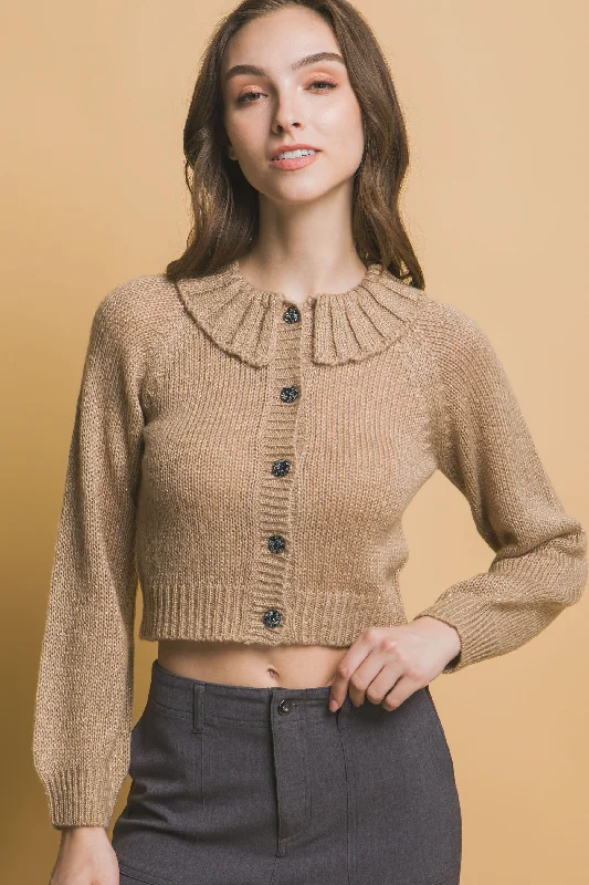 Hot Girl Metallic Threads Cropped Collared Button Up Sweater In Khaki