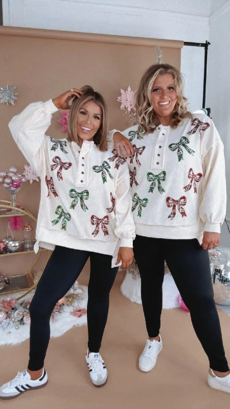 Plus Size Women's Oversized Chunky Knit SweatersFull Of Cheer Sequin Bow Long Sleeve Top Plus Size Women's Oversized Chunky Knit SweatersFull Of Cheer Sequin Bow Long Sleeve Top