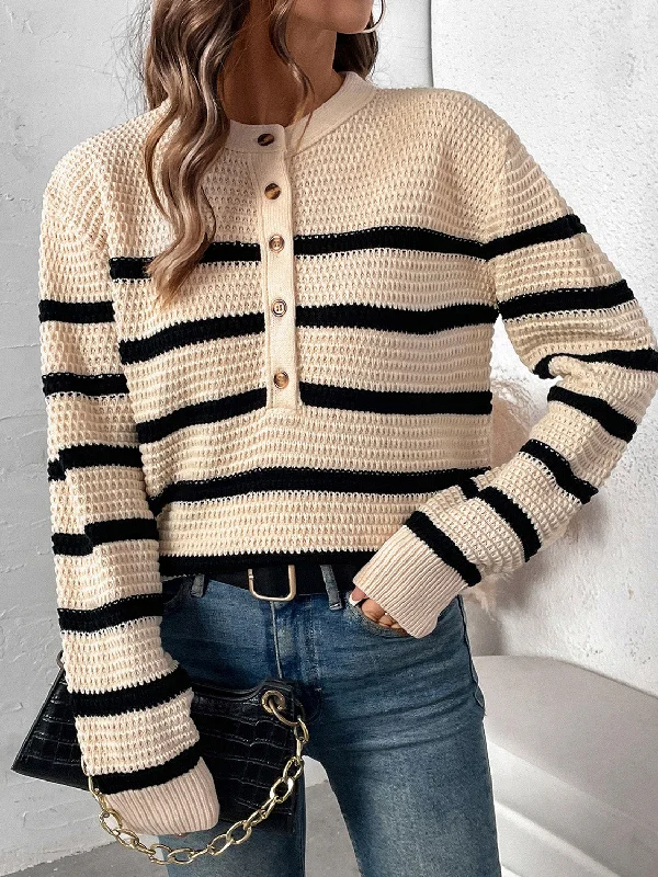Tie - Front Women's Lambswool Sweaters in Pastel HuesPerfee Striped Half Button Long Sleeve Sweater Tie - Front Women's Lambswool Sweaters in Pastel HuesPerfee Striped Half Button Long Sleeve Sweater