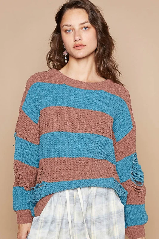 Tie - Front Women's Lambswool Sweaters in Pastel HuesPOL Striped Distressed Long Sleeve Sweater Tie - Front Women's Lambswool Sweaters in Pastel HuesPOL Striped Distressed Long Sleeve Sweater