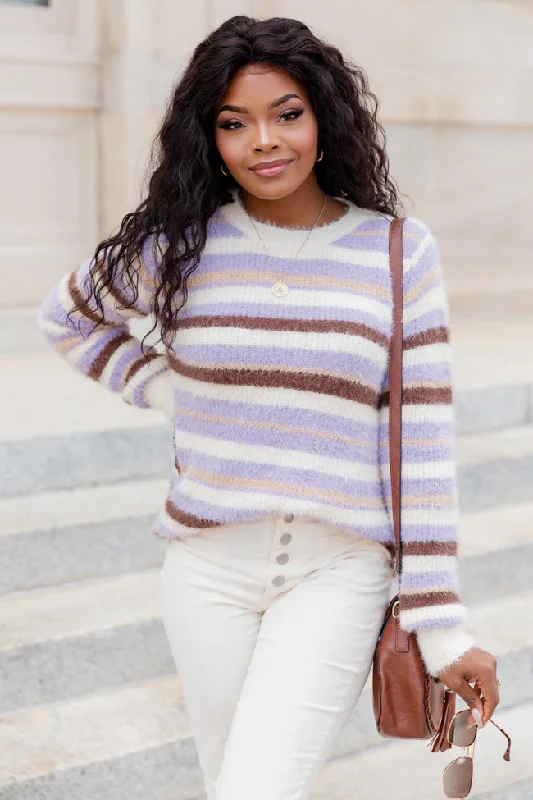 Plus Size Women's Side - Slit Sweaters in Bold SolidsTrying Everything Purple And Brown Fuzzy Striped Sweater FINAL SALE Plus Size Women's Side - Slit Sweaters in Bold SolidsTrying Everything Purple And Brown Fuzzy Striped Sweater FINAL SALE