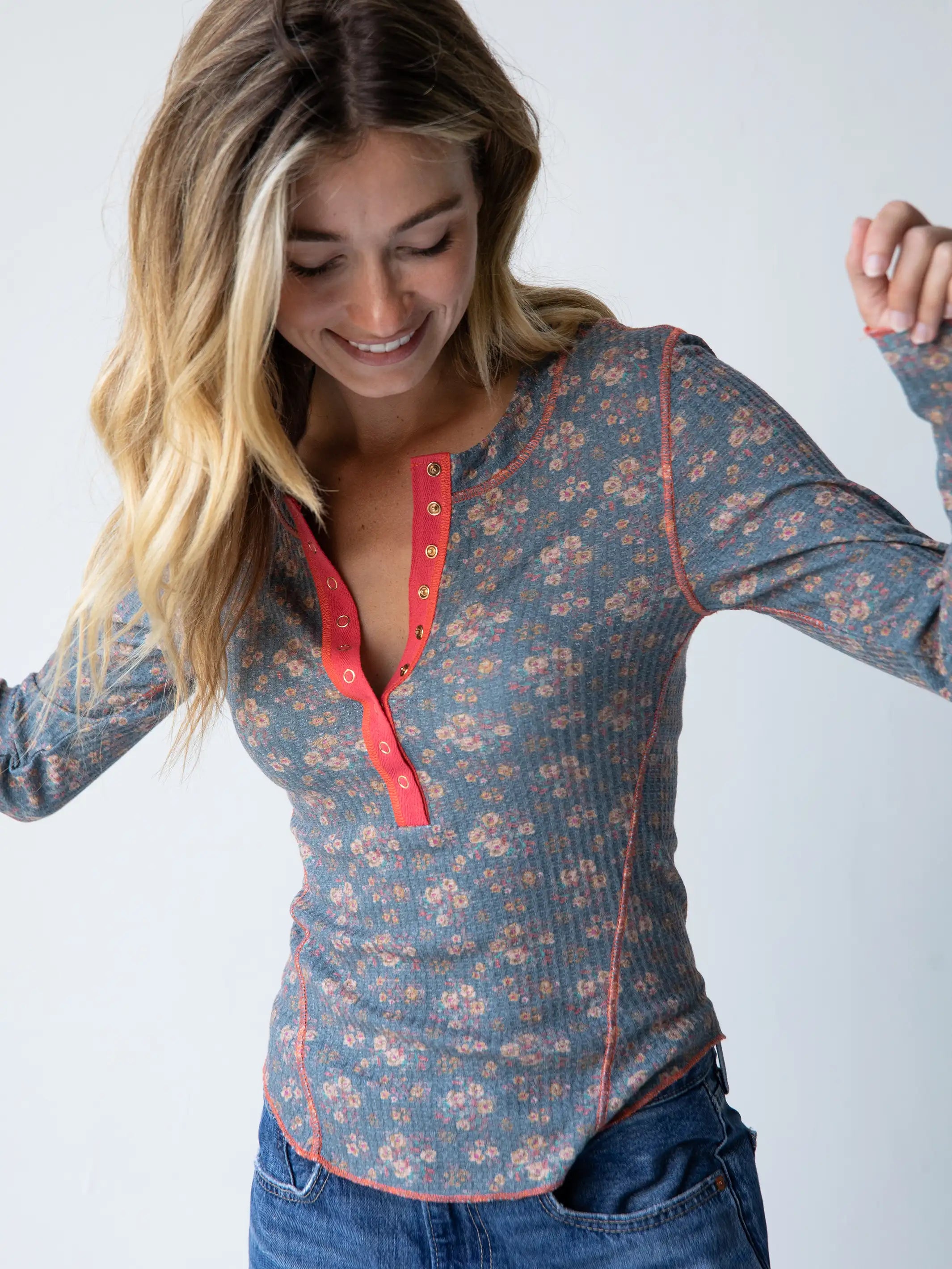 Tie - Front Women's Lambswool Sweaters in Pastel HuesReagan Thermal Henley - Slate Floral Blooms Tie - Front Women's Lambswool Sweaters in Pastel HuesReagan Thermal Henley - Slate Floral Blooms