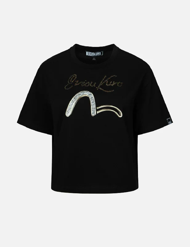 Embroidered Women T Shirt with Intricate DetailsSeagull and Logo Sequined Loose Fit T-shirt