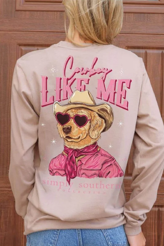 Pocketed Women T Shirt for Added FunctionalitySimply Southern Long Sleeve Cowboy Like Me Dog T-Shirt for Women in Mocha | LS-LIKEME-MOCHA