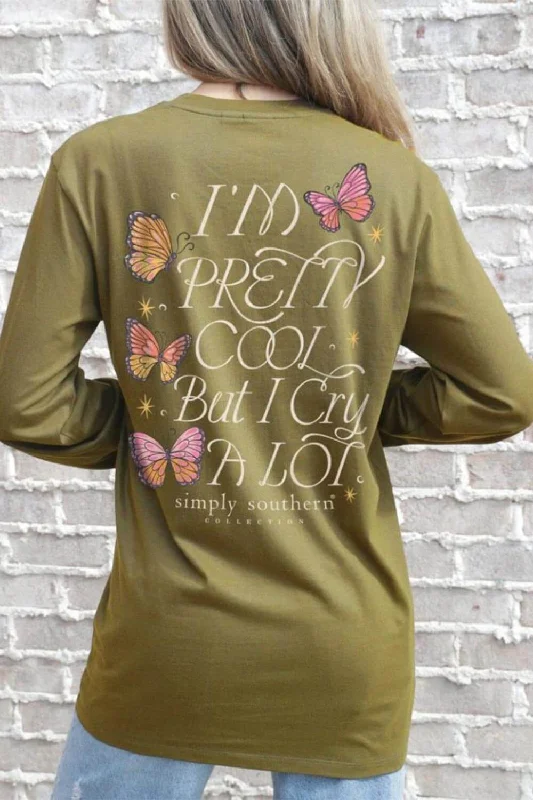Embroidered Women T Shirt with Intricate DetailsSimply Southern Long Sleeve I’m Pretty Cool But I cry A Lot T-Shirt for Women in Tulepo Gold | LS-CRY-TULEPO