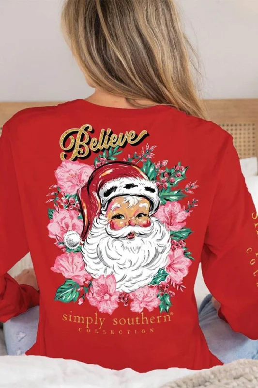 Plus Size Women T Shirt for a Comfortable and Flattering FitSimply Southern Long Sleeve Floral Santa T-Shirt for Women in Red | LS-FLORALSANTA-RED