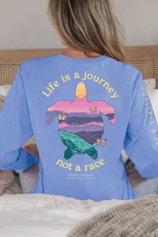 Sleeveless Women T Shirt for Summer ComfortSimply Southern Long Sleeve Life is a Journey Not A Race Turtle T-shirt for Women in Vista | LS-TRACKT8-JOURNEY-VISTA
