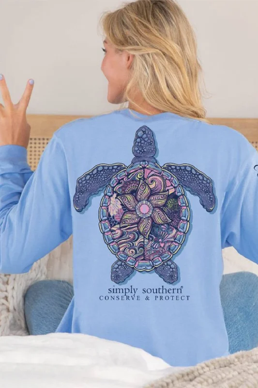 Long Sleeve Women T Shirt for Cooler WeatherSimply Southern Long Sleeve Mandala Turtle Tracking T-shirt for Women in Carolina Blue | LS-TRACKT4-MNDLA-CAROBLU