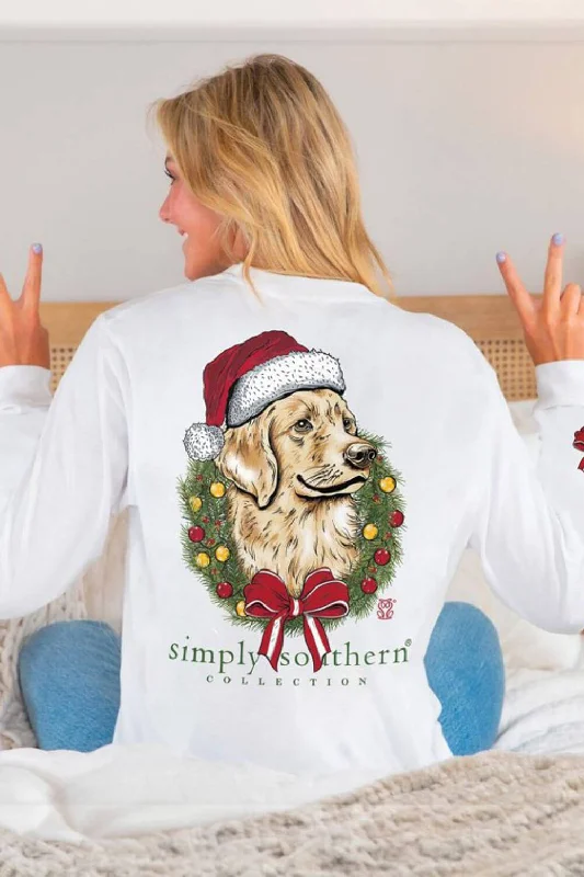 Striped Women T Shirt in a Classic PatternSimply Southern Long Sleeve Merry Dog Christmas T-Shirt for Women in White | LS-MERRYDOG-WHITE