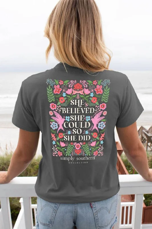 Striped Women T Shirt in a Classic PatternSimply Southern She Believed T-Shirt for Women in Grey | SS-SHE-GRAPHITEHTHR