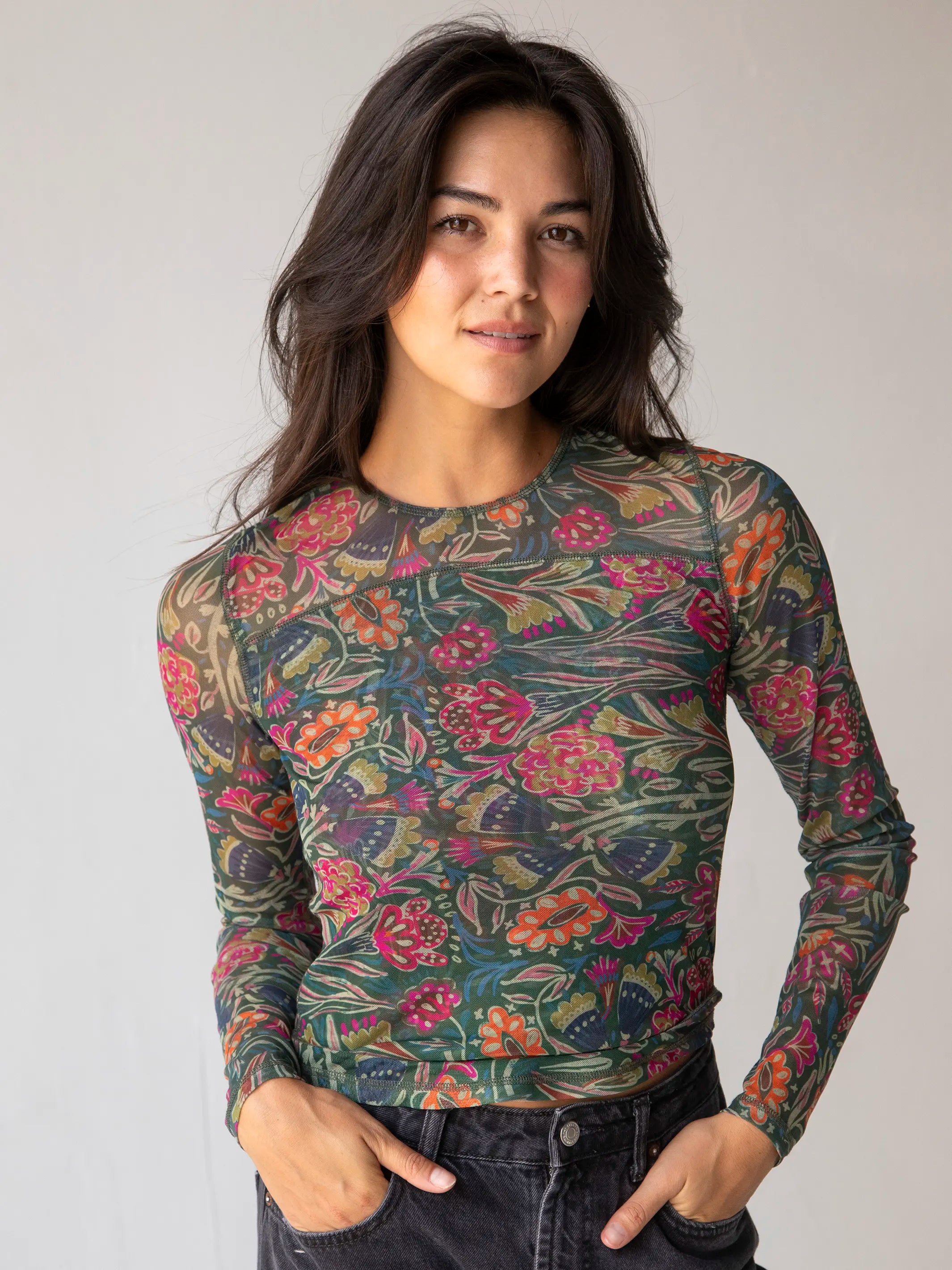 Tie - Front Women's Lambswool Sweaters in Pastel HuesSloane Mesh Long Sleeve Top - Green Lined Floral Tie - Front Women's Lambswool Sweaters in Pastel HuesSloane Mesh Long Sleeve Top - Green Lined Floral