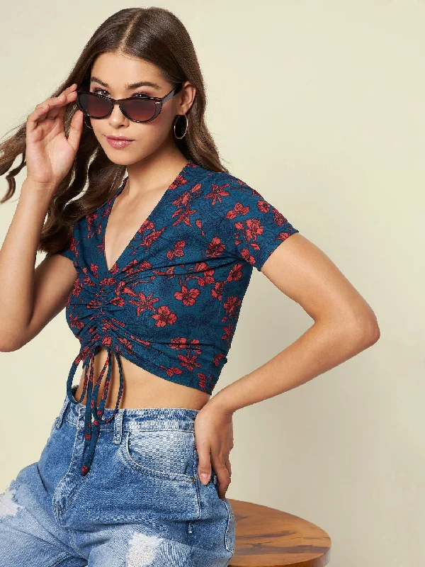 Distressed Women T Shirt with a Laid - Back AestheticCotton Stretchable Front Drawstring Crop Top