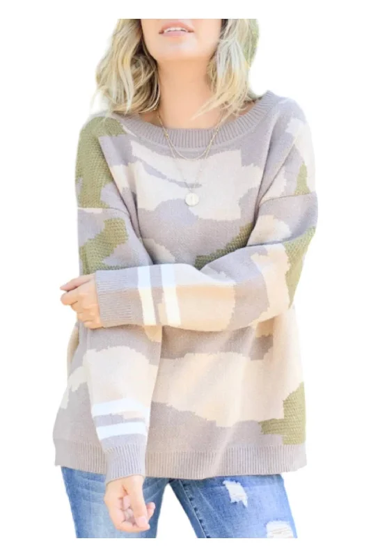 Open - Front Women's Cardigan - Style Mohair SweatersStripe Detailed Cuffs Sweater Top In Camo Print Open - Front Women's Cardigan - Style Mohair SweatersStripe Detailed Cuffs Sweater Top In Camo Print