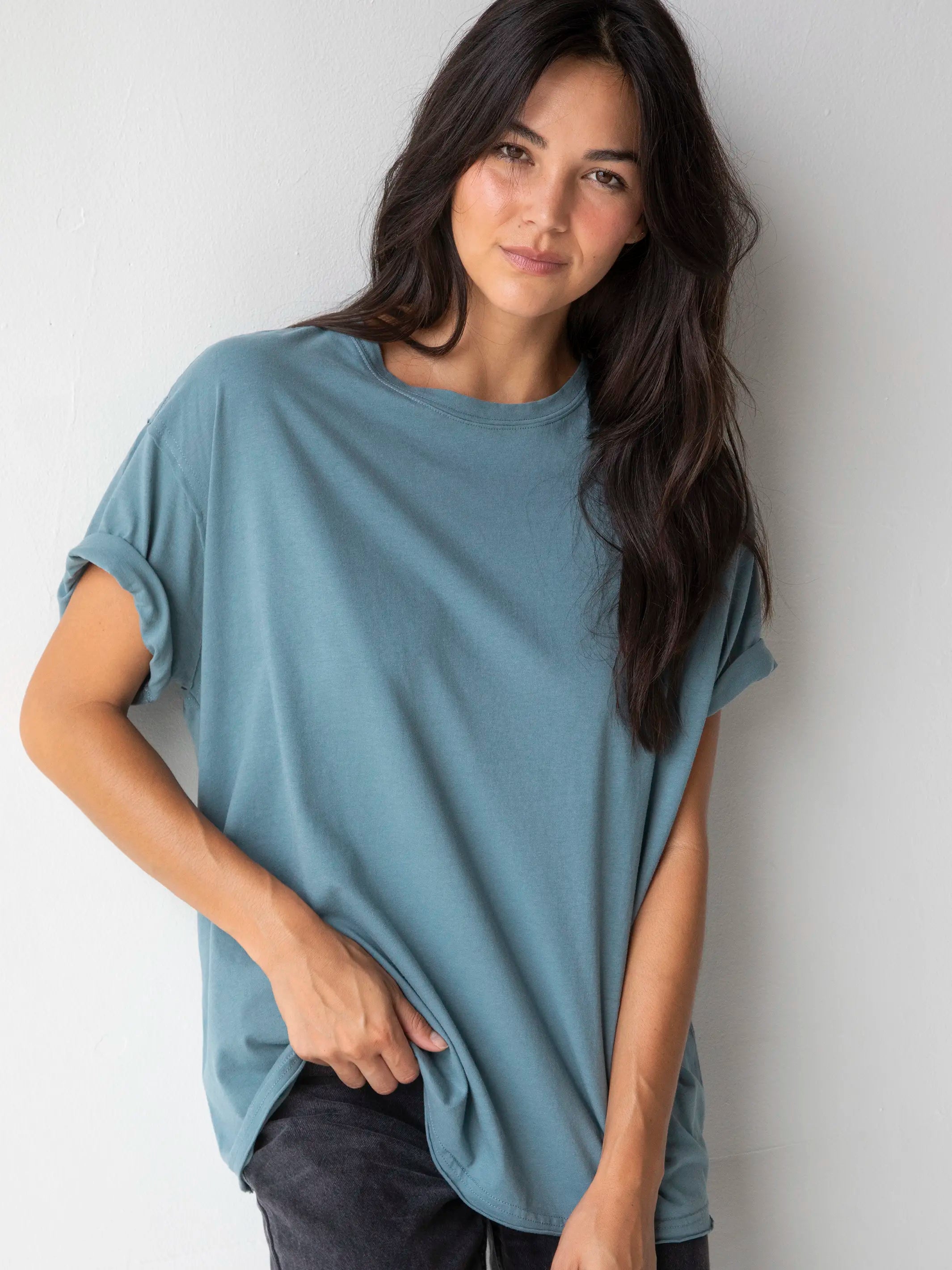 Short Sleeve Women's Cotton Blend Sweaters in Pastel ColorsTake It In Cotton Tee - Dusty Blue Short Sleeve Women's Cotton Blend Sweaters in Pastel ColorsTake It In Cotton Tee - Dusty Blue