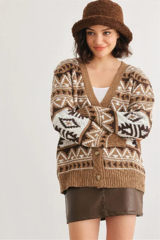 Hot Girl Fair Isle Knit Button-Up Long Sleeve Cardigan Sweater In Mocha