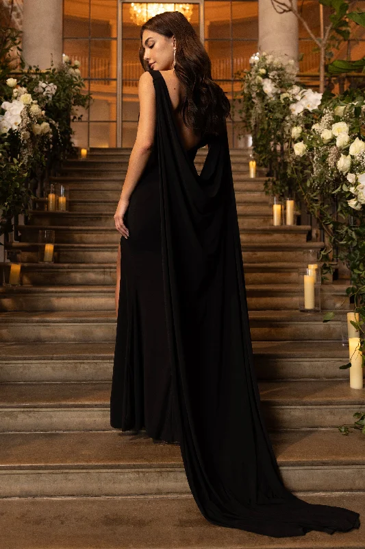 Off - the - Shoulder Women Dress for a Romantic and Feminine LookA Toast | Black Split Maxi Dress With Draped Cape Off - the - Shoulder Women Dress for a Romantic and Feminine LookA Toast | Black Split Maxi Dress With Draped Cape