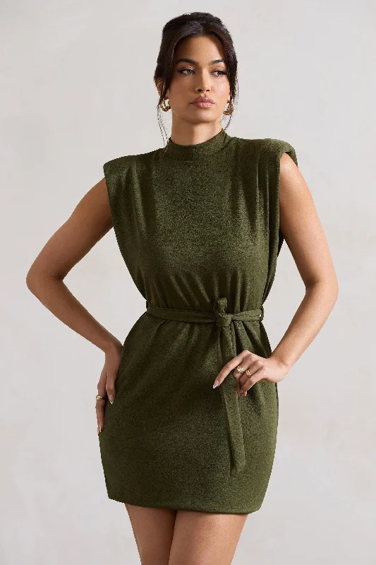 Asher | Olive High-Neck Mini Dress With Tie Waist