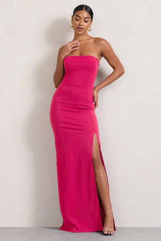 Pleated Women Dress with a Timeless and Elegant TextureBelle of The Ball | Hot Pink Bandeau Maxi Dress With Split Hem Pleated Women Dress with a Timeless and Elegant TextureBelle of The Ball | Hot Pink Bandeau Maxi Dress With Split Hem