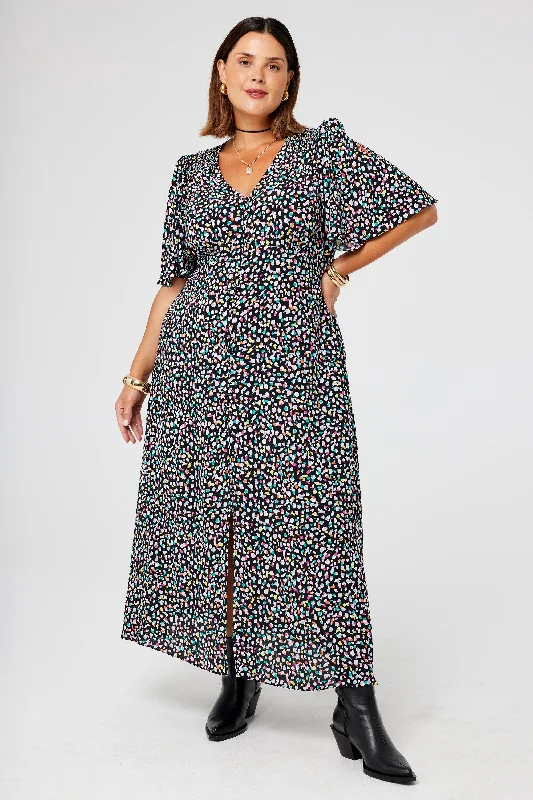 Backless Women Dress for a Sexy and Alluring Look at Evening EventsBlack with Rainbow Confetti Angel Sleeve Midi Tea Dress Backless Women Dress for a Sexy and Alluring Look at Evening EventsBlack with Rainbow Confetti Angel Sleeve Midi Tea Dress