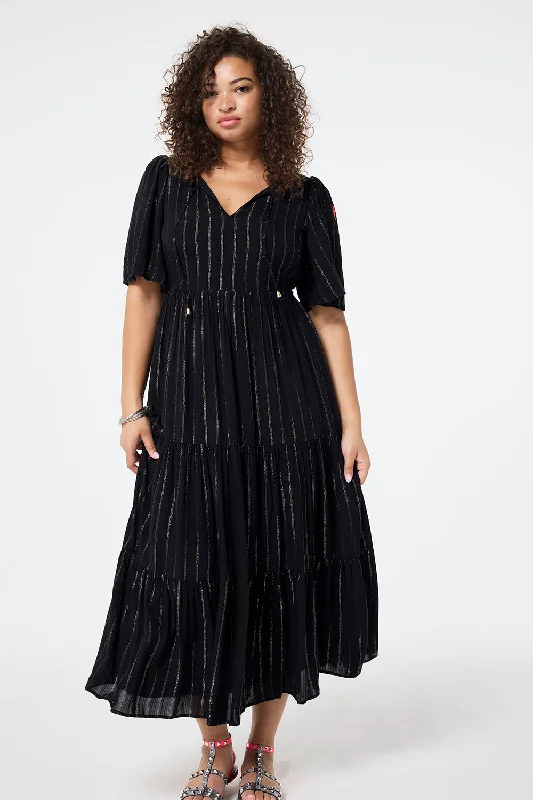 Off - the - Shoulder Women Dress for a Romantic and Feminine LookBlack with Silver Lurex Angel Sleeve Tie Front Maxi Dress Off - the - Shoulder Women Dress for a Romantic and Feminine LookBlack with Silver Lurex Angel Sleeve Tie Front Maxi Dress