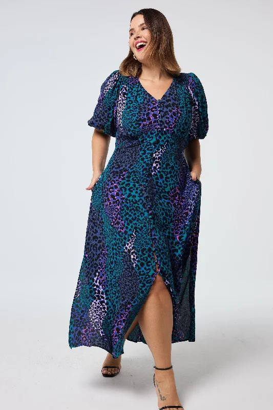 Ruffled Women Dress with Multiple Layers for a Playful and Girly StyleBlue with Green Spliced Leopard Puff Sleeve Midi Tea Dress Ruffled Women Dress with Multiple Layers for a Playful and Girly StyleBlue with Green Spliced Leopard Puff Sleeve Midi Tea Dress