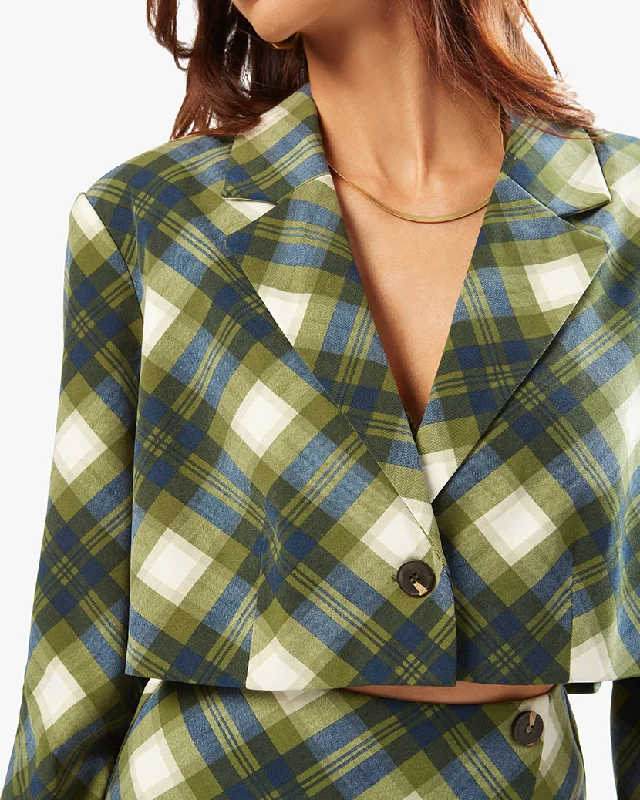 Single - Breasted Women's Tweed Blazers with Gold Buttons for a Classic LookBoxy Cropped Vintage Plaid Blazer Single - Breasted Women's Tweed Blazers with Gold Buttons for a Classic LookBoxy Cropped Vintage Plaid Blazer