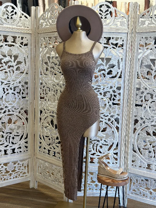 Brown Ribbed High Slit Dress - Estira, Stretchy