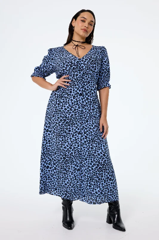 Long - Sleeve Women Dress in Velvet for a Luxurious Winter LookBlue with Black Floral Leopard Flute Sleeve Midi Tea Dress Long - Sleeve Women Dress in Velvet for a Luxurious Winter LookBlue with Black Floral Leopard Flute Sleeve Midi Tea Dress