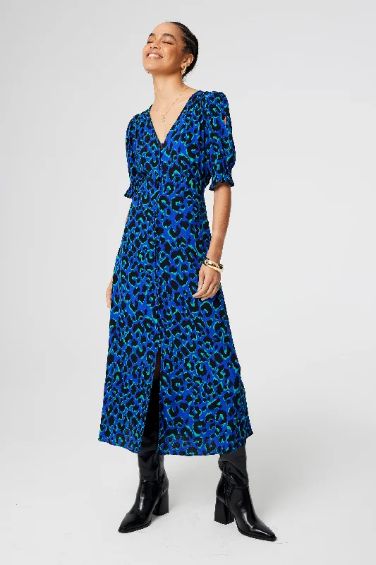 Ruffled Women Dress with Multiple Layers for a Playful and Girly StyleBlue with Green and Black Shadow Leopard Flute Sleeve Midi Tea Dress Ruffled Women Dress with Multiple Layers for a Playful and Girly StyleBlue with Green and Black Shadow Leopard Flute Sleeve Midi Tea Dress