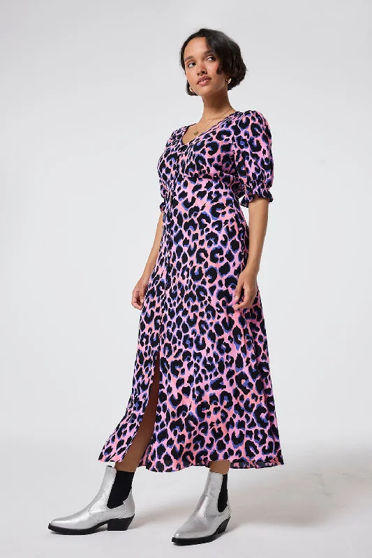 Sleeveless Women Dress in Bright Colors for Summer PartiesPink with Blue and Black Shadow Leopard Flute Sleeve Midi Tea Dress Sleeveless Women Dress in Bright Colors for Summer PartiesPink with Blue and Black Shadow Leopard Flute Sleeve Midi Tea Dress