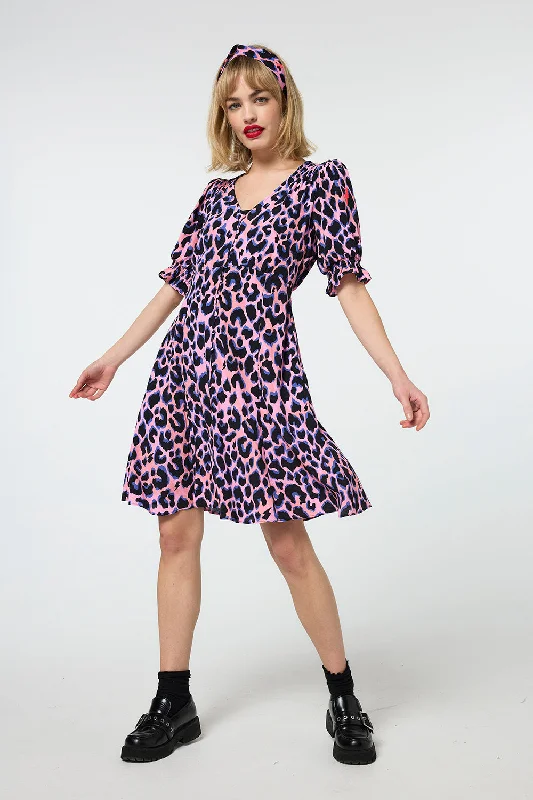 Halter Neck Women Dress to Show Off the Shoulders and NecklinePink with Blue and Black Shadow Leopard Short Tea Dress Halter Neck Women Dress to Show Off the Shoulders and NecklinePink with Blue and Black Shadow Leopard Short Tea Dress