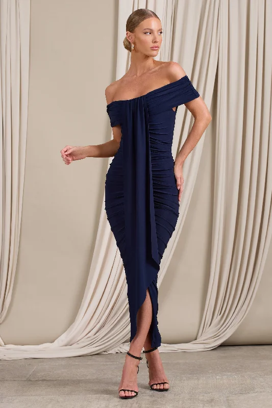 Lace - Embellished Women Dress for an Elegant and Sophisticated AppearanceCamrin | Navy Ruched Bardot Maxi Dress With Train Detail Lace - Embellished Women Dress for an Elegant and Sophisticated AppearanceCamrin | Navy Ruched Bardot Maxi Dress With Train Detail