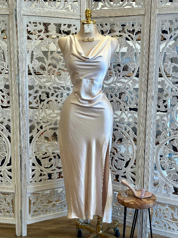 Wrap - Style Women Dress with Adjustable Fit for All Body TypesChampagne Cowl Neck Midi Dress-Not Stretchy, No Estira Wrap - Style Women Dress with Adjustable Fit for All Body TypesChampagne Cowl Neck Midi Dress-Not Stretchy, No Estira