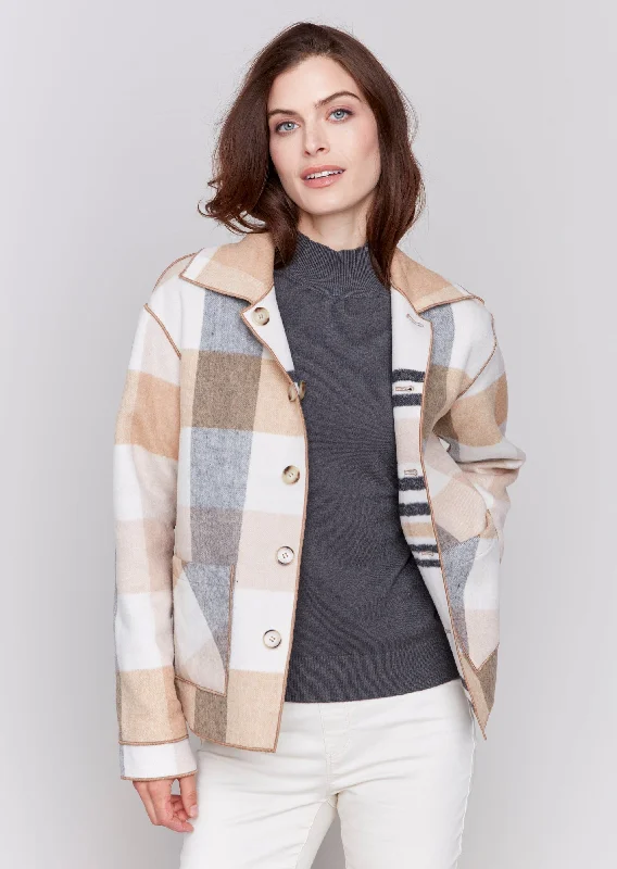 Plus Size Women's Cropped Velvet Blazers in Burgundy for a Night OutCharlie B -Reversible Plaid Jacket Plus Size Women's Cropped Velvet Blazers in Burgundy for a Night OutCharlie B -Reversible Plaid Jacket