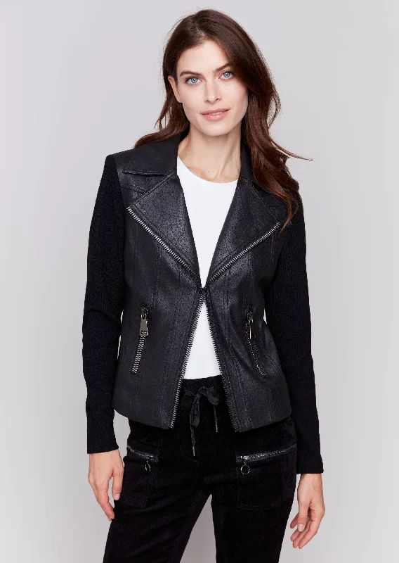 Plus Size Women's Military - Inspired Blazers with Gold Accents for a Bold LookCharlie B -Vintage Faux Leather and Rib Knit Jacket Plus Size Women's Military - Inspired Blazers with Gold Accents for a Bold LookCharlie B -Vintage Faux Leather and Rib Knit Jacket