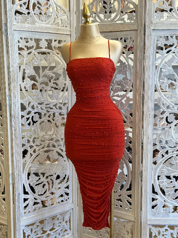 Wrap - Style Women Dress with Adjustable Fit for All Body TypesPearl Detail Coñac Dress- Stretchy Wrap - Style Women Dress with Adjustable Fit for All Body TypesPearl Detail Coñac Dress- Stretchy