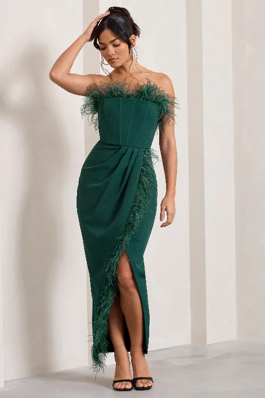 Ruffled Women Dress with Multiple Layers for a Playful and Girly StyleCosmo | Bottle Green Bandeau Feather Corset Split Maxi Dress Ruffled Women Dress with Multiple Layers for a Playful and Girly StyleCosmo | Bottle Green Bandeau Feather Corset Split Maxi Dress