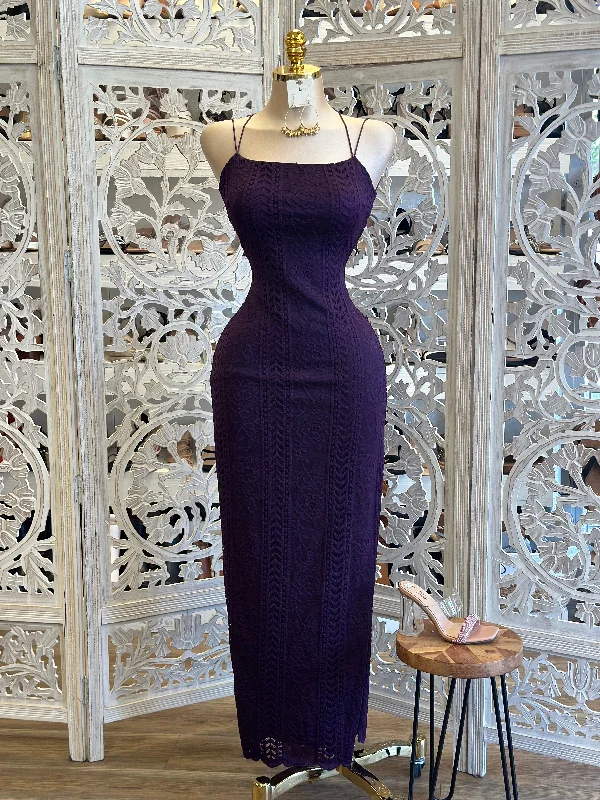 Empire Waist Women Dress to Accentuate the Bust and Conceal the WaistDark Purple Backless Lace Maxi Dress- Estira, Stretchy Empire Waist Women Dress to Accentuate the Bust and Conceal the WaistDark Purple Backless Lace Maxi Dress- Estira, Stretchy