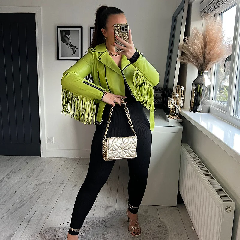 Plus Size Women's Sequin - Embellished Blazers in Silver for a Glamorous PartyDIVINE Lime Fringe Vegan Leather Jacket Plus Size Women's Sequin - Embellished Blazers in Silver for a Glamorous PartyDIVINE Lime Fringe Vegan Leather Jacket