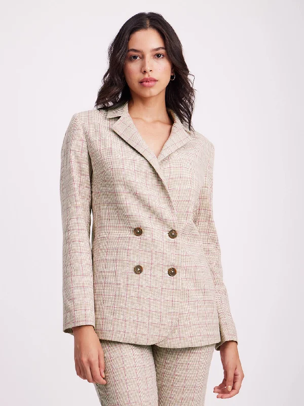 Double Breasted Check Blazer - Beige