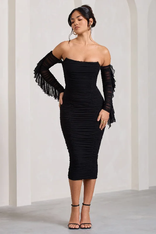 Ruffled Women Dress with Multiple Layers for a Playful and Girly StyleFavor | Black Ruched Mesh Bardot Midi Dress Ruffled Women Dress with Multiple Layers for a Playful and Girly StyleFavor | Black Ruched Mesh Bardot Midi Dress