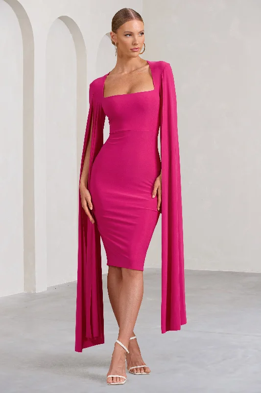 Shift Women Dress with a Simple and Classic Design for Everyday WearFlawless | Hot Pink Square Neck Midi Dress With Cape Sleeves Shift Women Dress with a Simple and Classic Design for Everyday WearFlawless | Hot Pink Square Neck Midi Dress With Cape Sleeves