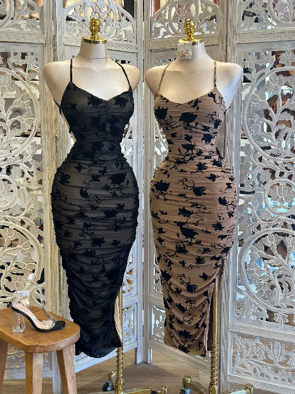 Plus Size Women Dress with a Flattering A - Line Cut for Comfort and StyleFloral Mesh Open Back Midi Dress- Estira, Stretchy Plus Size Women Dress with a Flattering A - Line Cut for Comfort and StyleFloral Mesh Open Back Midi Dress- Estira, Stretchy