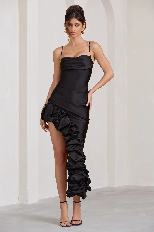Shift Women Dress with a Simple and Classic Design for Everyday WearFlorence | Black Satin Asymmetric Ruffle Cowl Midi Dress Shift Women Dress with a Simple and Classic Design for Everyday WearFlorence | Black Satin Asymmetric Ruffle Cowl Midi Dress