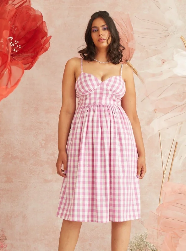 Pleated Women Dress with a Timeless and Elegant TextureGeorgie Pink Gingham Strappy Midi Dress Pleated Women Dress with a Timeless and Elegant TextureGeorgie Pink Gingham Strappy Midi Dress