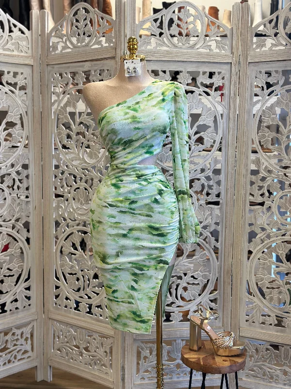 Green Patterned One Sleve Dress - Estira, Stretchy