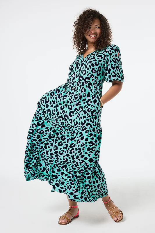 Ball Gown Women Dress with a Full Skirt for a Princess - like LookGreen with Purple and Black Shadow Leopard Tie Front Maxi Dress Ball Gown Women Dress with a Full Skirt for a Princess - like LookGreen with Purple and Black Shadow Leopard Tie Front Maxi Dress