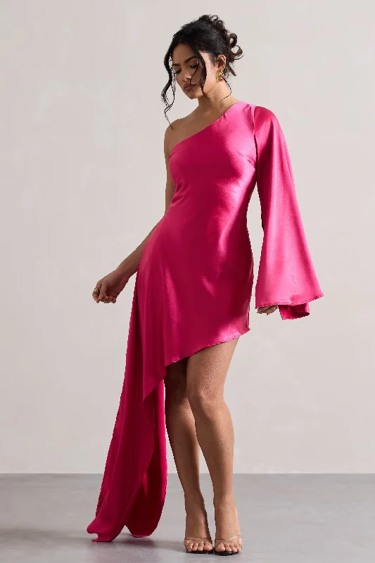 Backless Women Dress for a Sexy and Alluring Look at Evening EventsHanna | Hot Pink One Shoulder Asymmetric Draped Satin Mini Dress Backless Women Dress for a Sexy and Alluring Look at Evening EventsHanna | Hot Pink One Shoulder Asymmetric Draped Satin Mini Dress